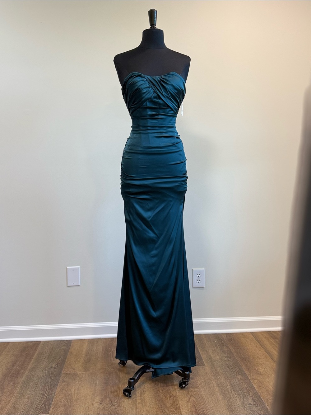 La Femme Strapless Teal Satin Gown